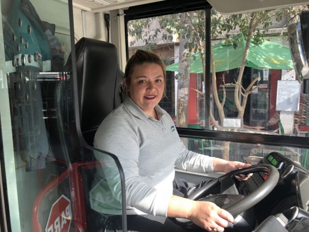 Perla Venegas is one of 1444 female bus drivers in the surface public transport network in Santiago, Chile, which aims at gender inclusion and offers job stability and shift flexibility compatible with family life. CREDIT: Orlando Milesi / IPS