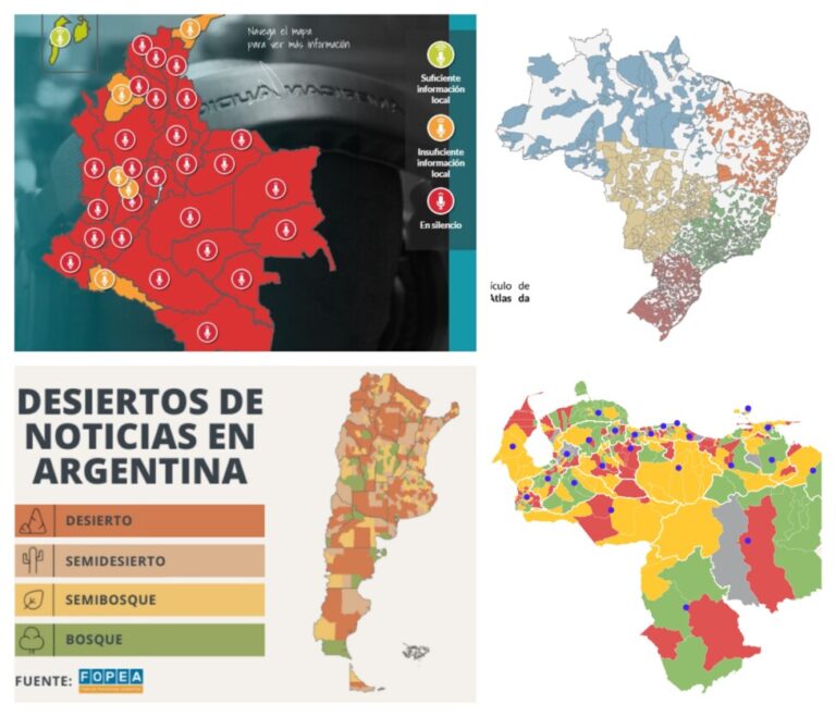 Journalistic organizations from Argentina, Brazil, Colombia and Venezuela show maps or atlases that indicate, using colors, the most and least deserted areas in terms of access to news in their respective countries. CREDIT: IPS