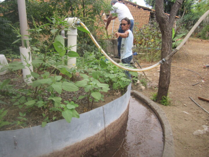 Farmer Maria das Dores Alves da Silva stands between the manure pit and the "sertanejo" biodigester designed by Diaconia, a social organization of Protestant churches in Brazil, which has already installed 713 biogas production plants in eight of Brazil's 26 states. CREDIT: Mario Osava / IPS