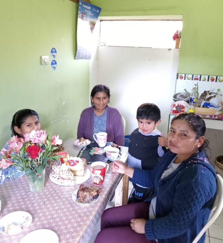 Perulu köylü çiftçi Martina Santa Cruz (sağda), annesi (soldan ikinci) ve iki çocuğuyla birlikte, gazla yemek pişirdiği, iyi aydınlatılmış mutfak-yemek odasında oturuyor.  KREDİ: Martina Santa Cruz'un izniyle