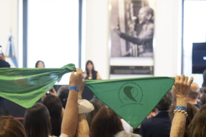 A rally at the Ministry of Health in Buenos Aires, where feminist activists showed their green scarves and demonstrated in favor of women's rights. CREDIT: Ministry of Health