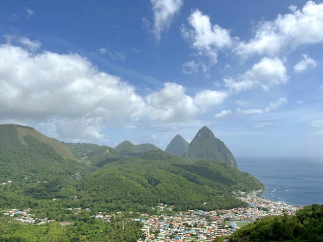 Aerial view of the town of Soufriere in the south of Saint Lucia. Sea level rise is threatening coastal areas of small island developing states (SIDS) in the Caribbean. Credit: Alison Kentish/IPS