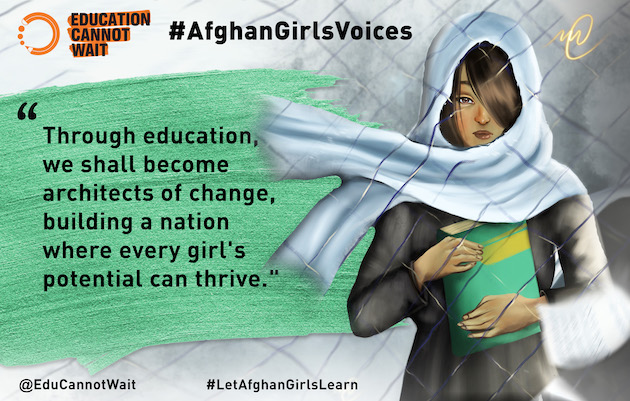 To mark the anniversary of the Taliban authorities’ unacceptable ban on secondary school girls’ education in Afghanistan, ECW has updated its compelling #AfghanGirlsVoices Campaign with new multilingual content. Credit: ECW