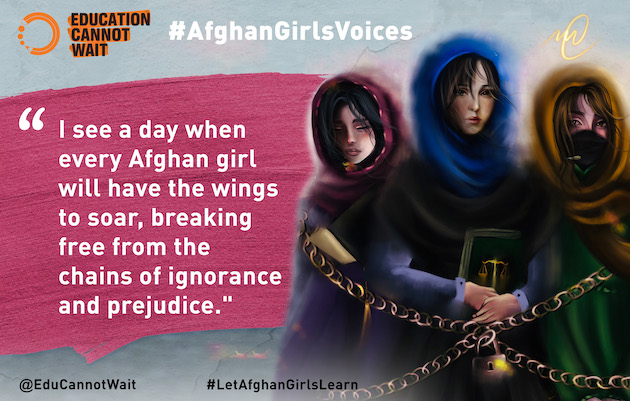The #AfghanGirlsVoices campaign aims to bring to the attention of the global community what is at stake and why urgent action is needed to end the brutal suppression of education.  Credit: ECW