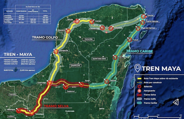 The Mayan Train will run 1,500 kilometers, through 41 municipalities and 181 towns in the south and southeast of Mexico, with a cost overrun that already exceeds 28 billion dollars. CREDIT: Fonatur