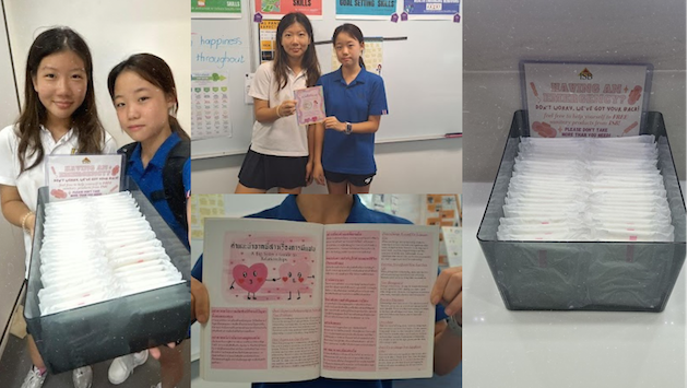 Hyolim Lee and Eunseol Cho participate in a campaign to ensure period dignity, seen here with The Pink Book, a Thai and English book written by a former member of HER Period Dignity ISB to educate girls on puberty and menstruation, and ensuring that free sanitary pads are placed in the ISB High School Bathroom, a result of the project Code Red.