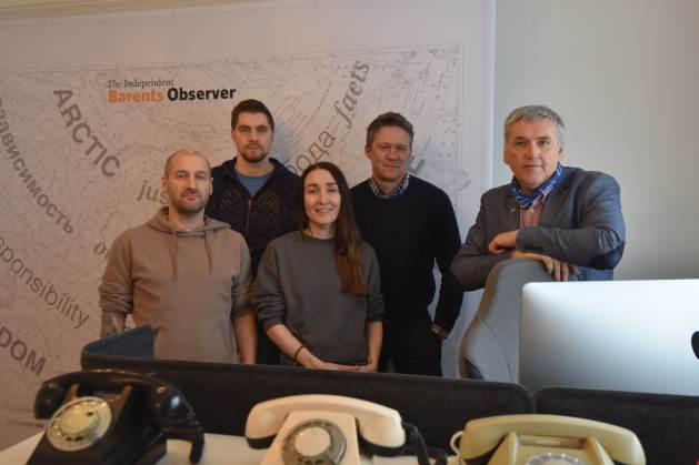 Thomas Nilsen, editor-in-chief of the Barents Observer (right), poses with some of the latest additions to his staff, including Elizaveta Vereykina and Georgi Chentemirov (second from left). Credit: Barents Observer