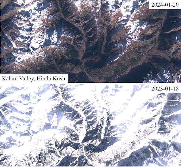 A satellite image of the snowfall in the Kalam Valley, Hindu Kush, over the winters of 2024 and 2023. Credit: ICIMOD