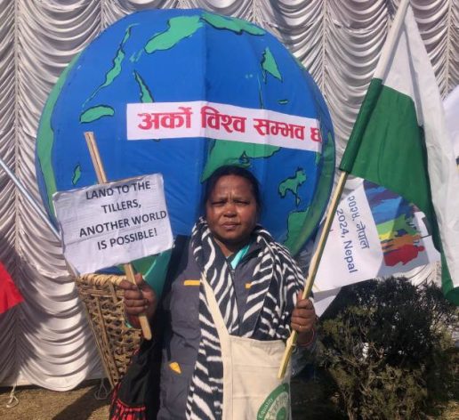 Manjula Dungdung, a member of the Kharia tribe in India, said providing land ownership for women is a way to achieve food justice, at the World Social Forum in Kathmandu on 16 Feb. 2024. Credit: Tanka Dhakal / IPS - Food Justice: Quest for Addressing Planetary Health and the Global Food Crisis