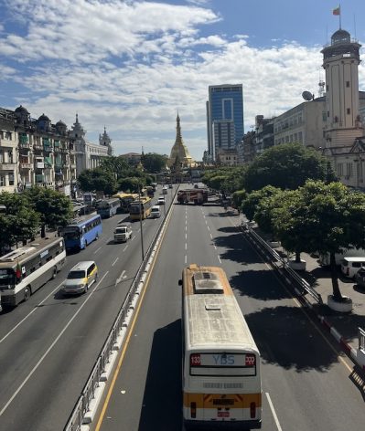 Myanmar’s resistance called a ‘silent strike’ on February 1, the third anniversary of the military coup. This main street leading to Sule Pagoda in central Yangon was relatively quiet, but residents said fewer people heeded the strike call this year. Credit: William Webb/IPS
