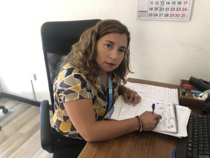 Paloma Olivares, president for Santiago of the women’s organization Yo Cuido, works in her office in the working-class municipality of Estación Central, in the northeast of the Chilean capital. CREDIT: Orlando Milesi / IPS