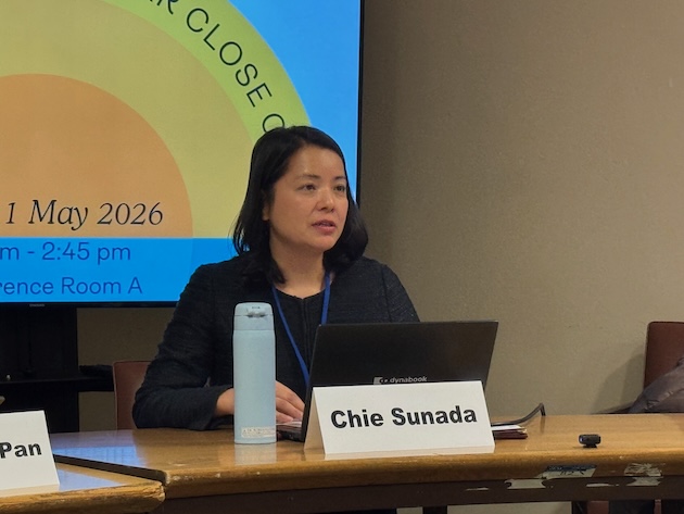 Chie Sunada, Director of Disarmament and Human Rights, SGI Peace Center speaks in a panel on nuclear escalation risks. Credit: Naureen Hossain/IPS